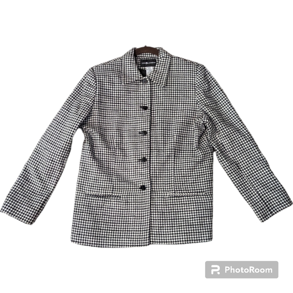 VTG Sag Harbor Black & Cream Houndstooth Print Lined L Sleeve Blazer. Women's 12